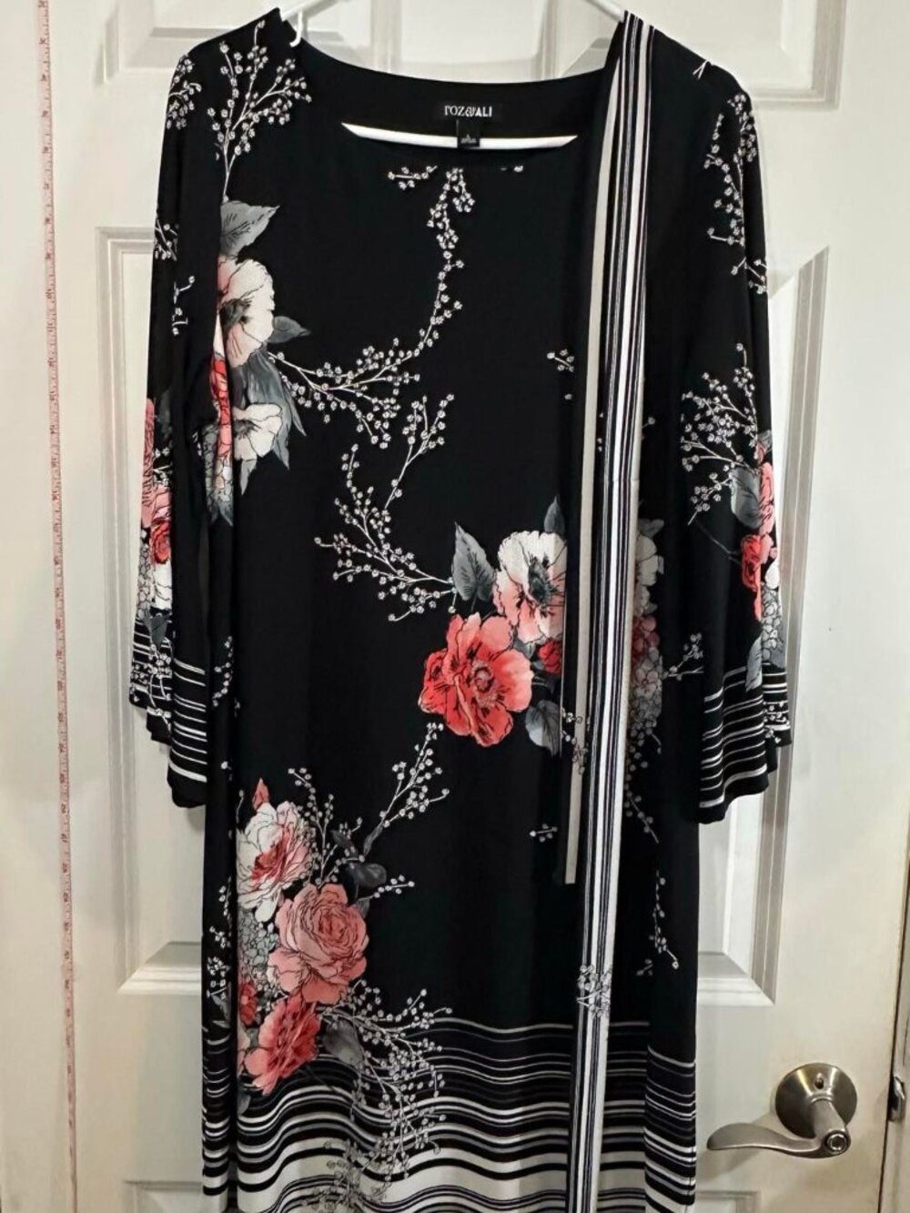 Roz & Ali Black Floral Stripe Bell Sleeve Midi Dress Tie Waist Size XL - Picture 6 of 8